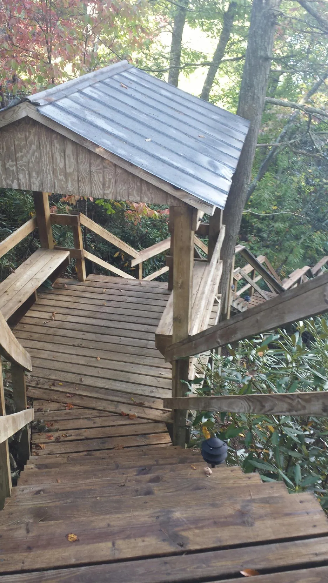 Metal roofed shelter over wooden steps on a wooded walkway — Skylight Repair & Installation work by our crew in Howard Lake